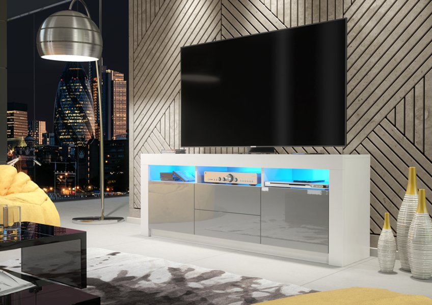 Mex Furniture Spacious 160cm TV Unit & Cabinet with Grey High Gloss Doors and Free LED
