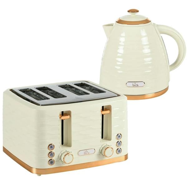 Beige electric kettle with copper-toned lid and a 4-slice toaster, compact countertop set