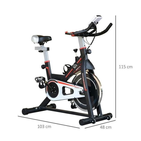 Black indoor cycling exercise bike with white seat and handlebar console