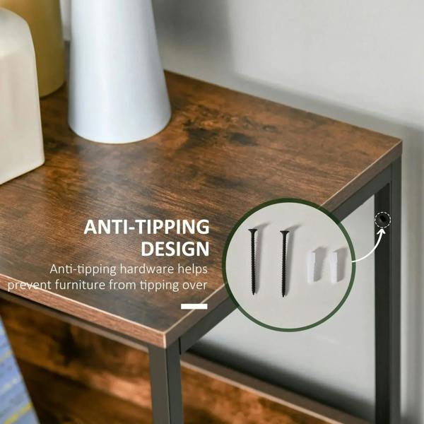 Black cabinet base with anti-tip hardware under tabletop and gray fabric drawers