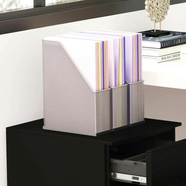 Black top surface with built-in pencil tray holding upright file folders in a divider