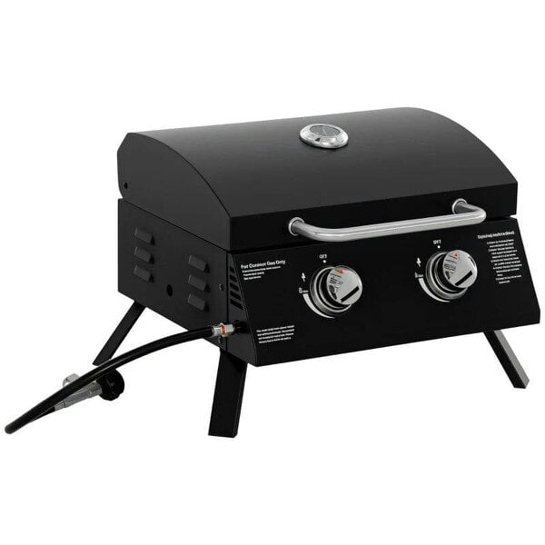 Bobobiy 2 Burner Gas BBQ Grill, 5.8 kW Outdoor Portable Folding Tabletop Barbecue w/ Lid, Thermometer, Carbon Steel, Black