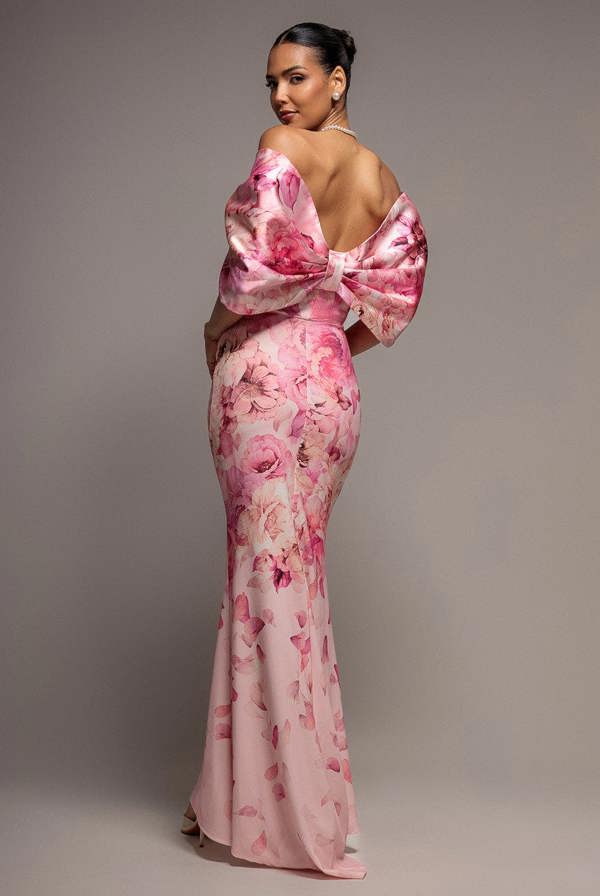 Printed Off Shoulder Satin Bow Back Maxi Dress - Blush Pink DR5282