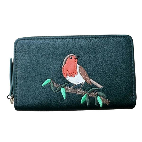 Fores Collection Embroidered Robin on Branch Zip-Around Card & Coin Purse