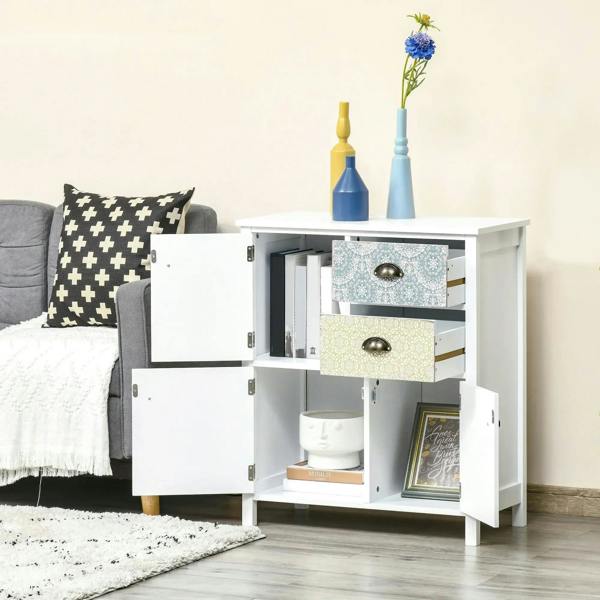 White sideboard cabinet with open shelves and patterned drawer fronts, bronze handles