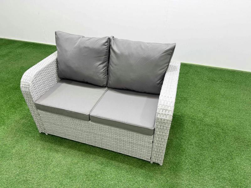 Fimous High Back Poly Rattan Garden Furniture Set, Reclining Chair, Loveseat, Firepit Table, Indoor Outdoor, 3 Stools, Side Table, Light Grey
