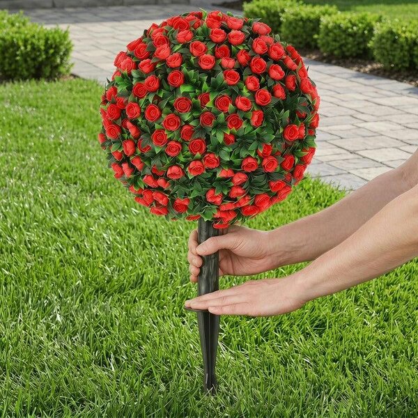 Artificial Rose Topiary UV Resistant, 2-Pack Fake Plants, 55 cm, Red