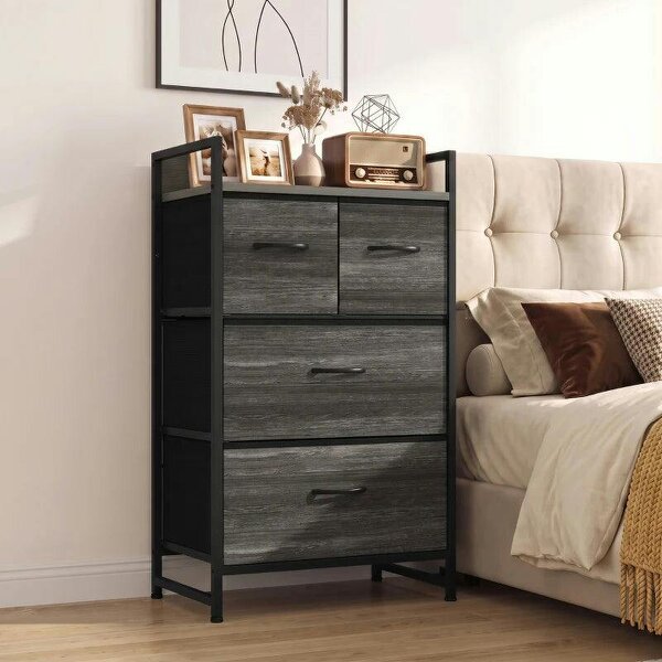 Rustic Chest of Four Fabric Drawers - Grey Wood Effect