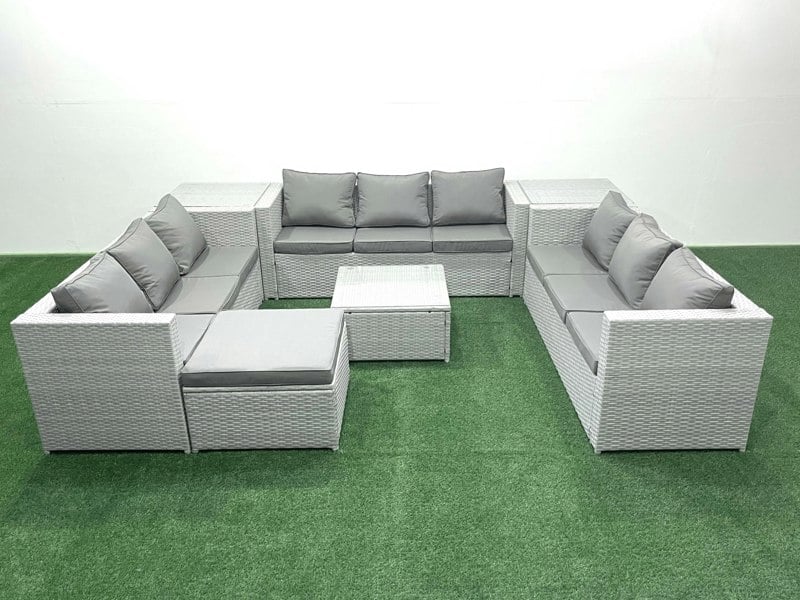 Fimous Rattan Garden Outdoor Furniture Set 10 Seater Rattan Garden Sofa Set with Big Footstool 2 Side Tables Light Grey Mixed