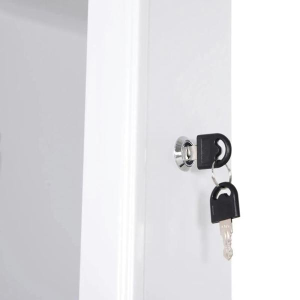 White lockable jewelry cabinet door with key and round chrome handle