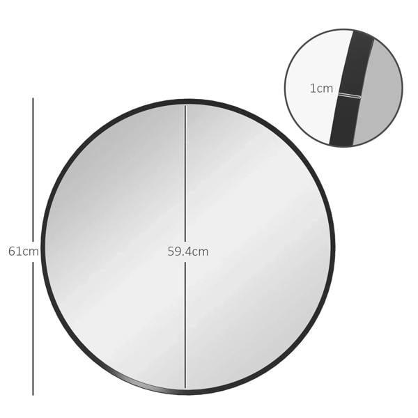 Round black-framed wall mirror with reflective glass, front view with measurement lines
