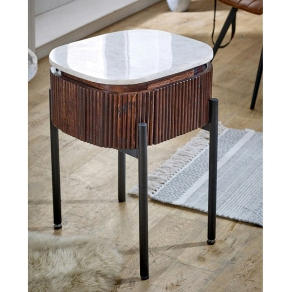 IH Design Miel Mango Wood Bedside Table With Marble Top & Metal Legs