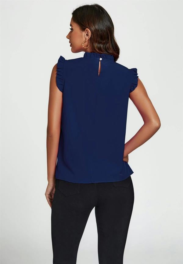 FS Collection Frill Trim Sleeve Frill Neck Blouse Top In Navy
