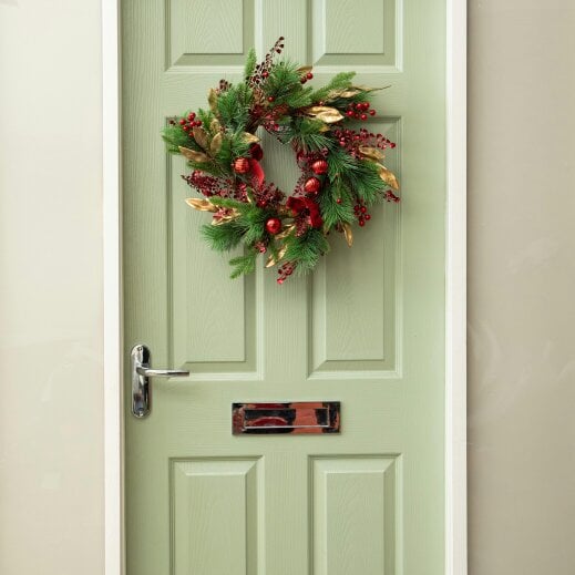 Samuel Alexander 38cm Ruby Velvet Christmas Wreath with Red Baubles, Berries & Bows