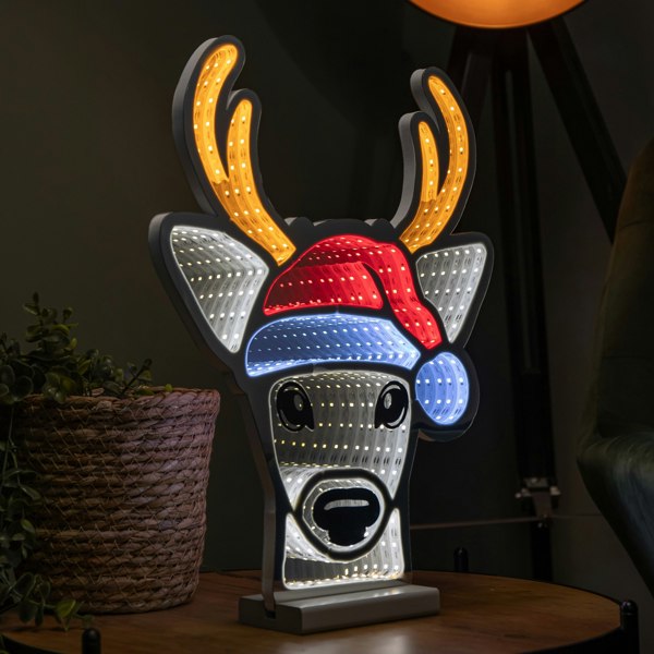 Samuel Alexander 40cm Light up Christmas Deer Head in Santa Hat Infinity Decoration with LEDs