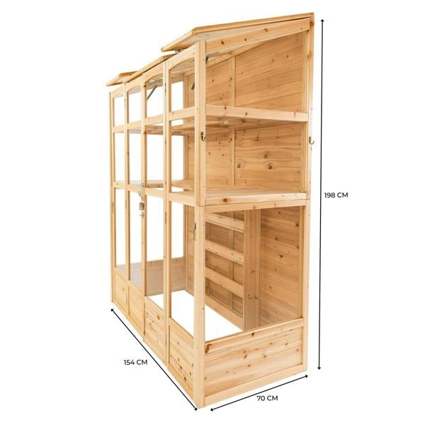 Victorian greenhouse in natural wood finish, featuring multiple shelves, glass panels, and a sloped roof for optimal sunlight exposure