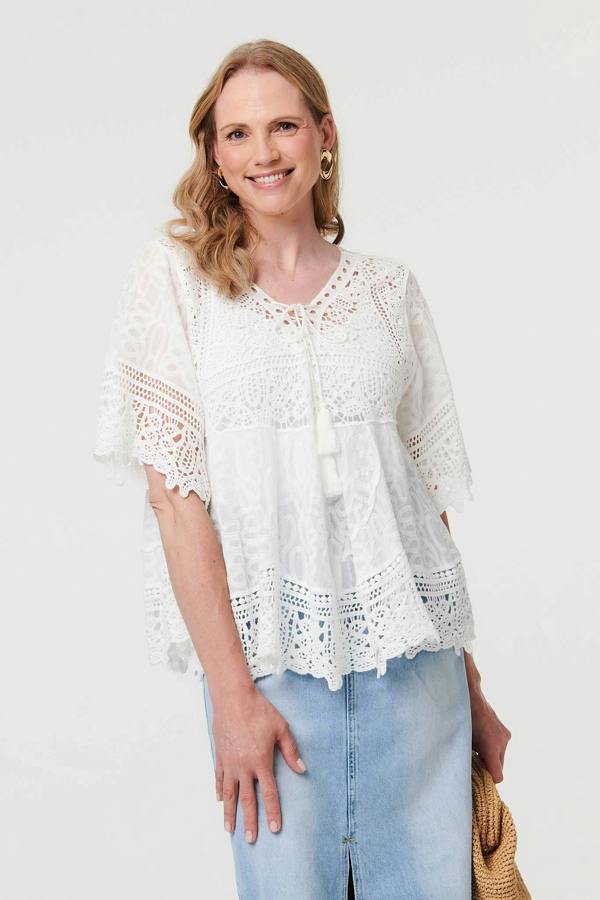 White | Crochet Lace Texture Relaxed Blouse