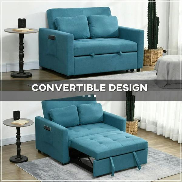 Blue convertible loveseat sofa bed with extended sleeper bed and two pillows