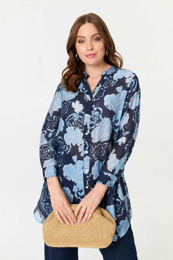 Navy | Floral Longline Long Sleeve Shirt
