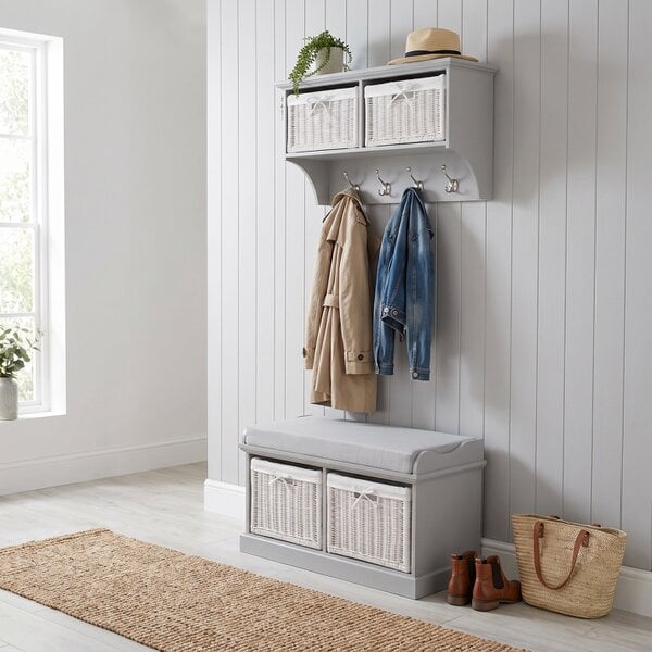 Statement Furniture Tetbury Small Hallway Set with Storage Baskets and Cushion Seat - Dove Grey, Grey
