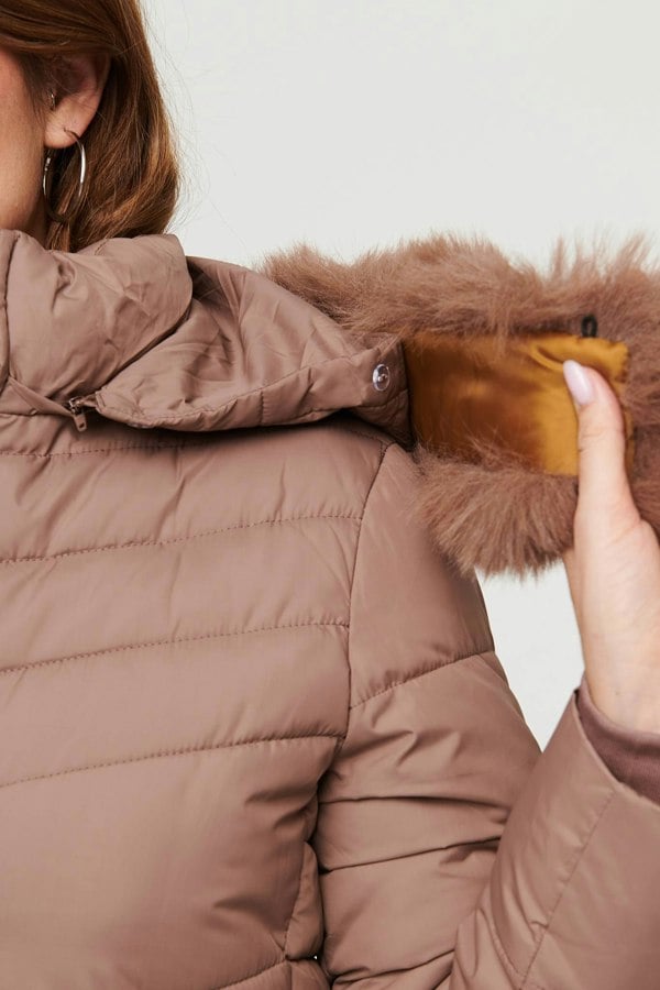 Beige | Faux Fur Hooded Longline Puffer Jacket
