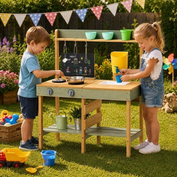 Neo Kids Wooden Outdoor Mud Kitchen Water Tap Sink Chalkboard