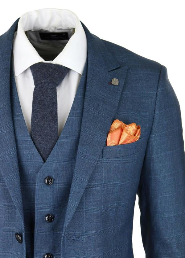Paul Andrew Mens 3 Piece Blue Suit Prince Of Wales Check Classic Light Tailored Fit Modern