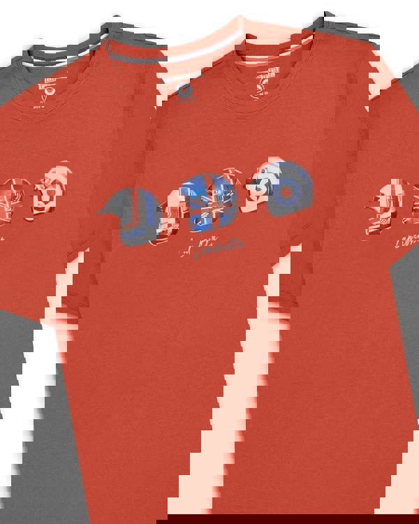 Lambretta Mens Scooter Helmet Graphic Mod Ska Casual T-Shirts, red t-shirt featuring three stylized scooter helmets with Union Jack and target designs.