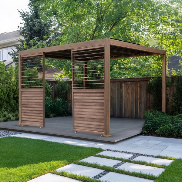 Wood effect aluminium pergola 3 x 3m featuring two louvre panels, set in a lush garden with green grass and stone pathways