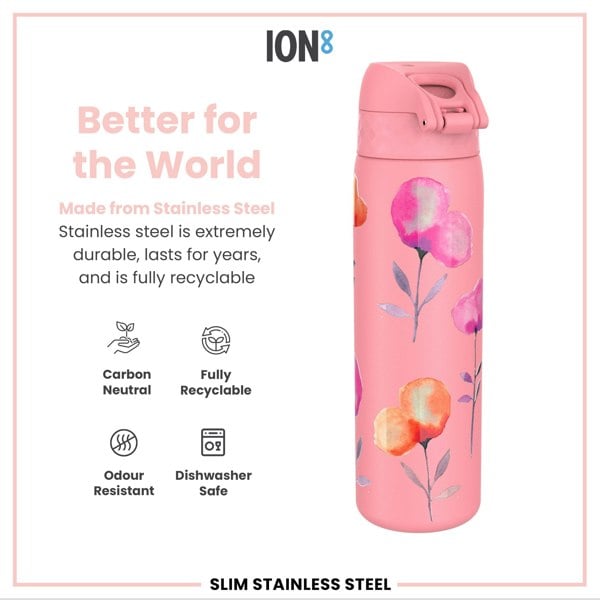 ION8 Leak Proof Slim Water Bottle, Stainless Steel, Flowers, 600ml (20oz)