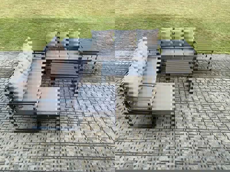 Fimous Aluminium 6 Pieces Outdoor Garden Furniture Lounge Sofa Set with Oblong Coffee Table Big Footstool 2 Side Tables Dark Grey
