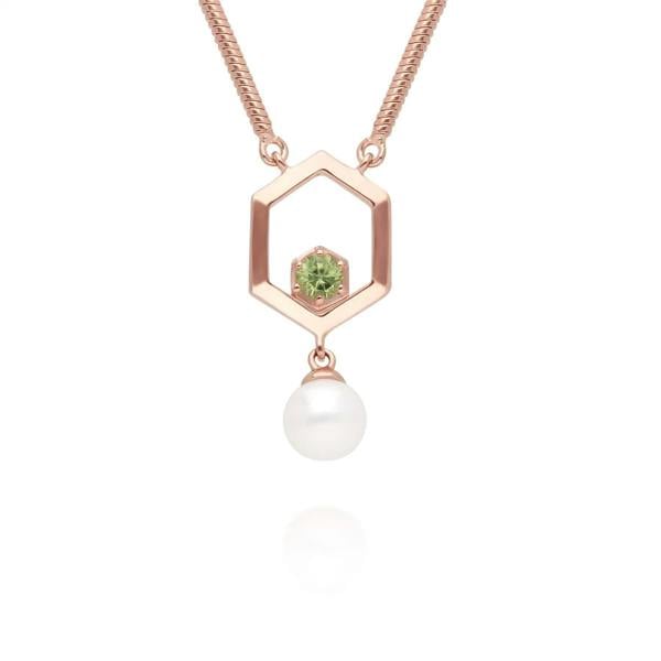 270N035607925 Modern Pearl & Peridot Hexagon Drop Necklace in Rose Gold Plated Silver 1