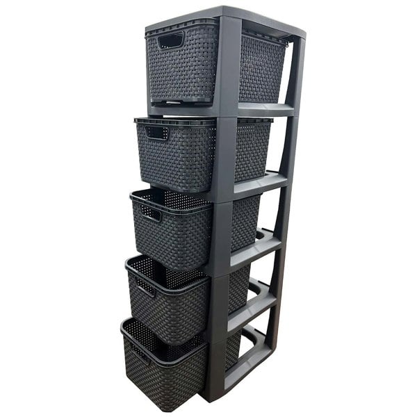 Grey 5 Drawer Stylish Rattan Effect Storage Tower Commode Baskets For Home & Office
