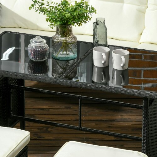 Wyld Haus Coma 7 Seater Black and White Rattan Garden Sofa Set With Armchairs Footstools And Glass Dining Table