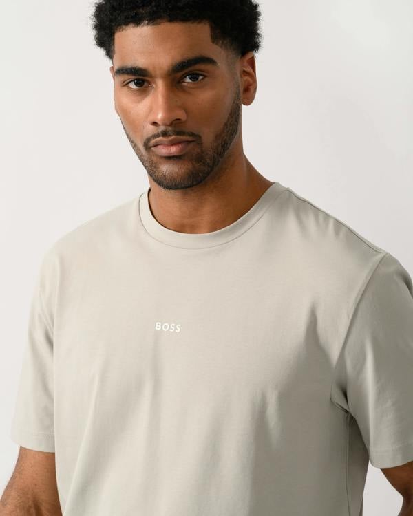 close up shot of model wearing a BOSS Orange TChup Mens Crew Neck Small Logo T-Shirt in Open Grey 070