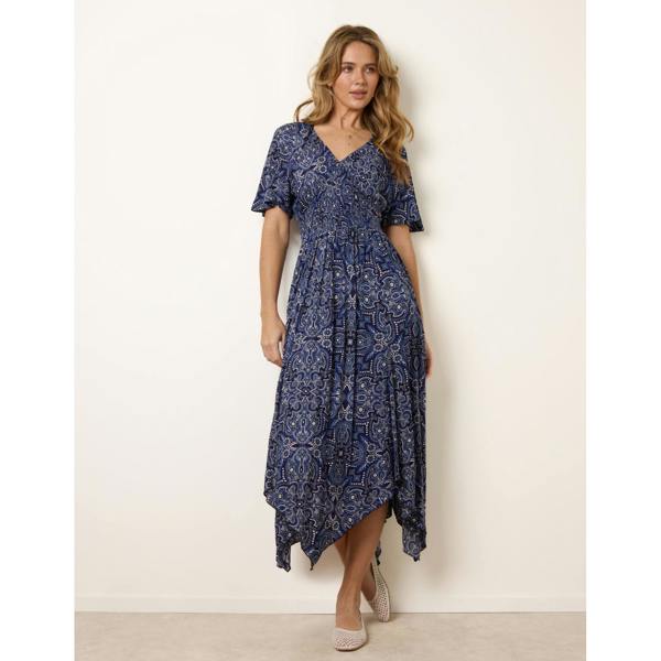Blue Vanilla Shirred Waist Hanky Hem Paisley Print Dress