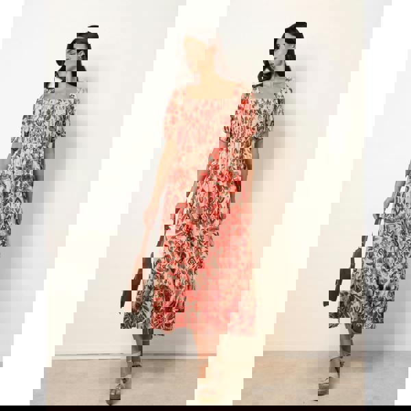 Blue Vanilla Watercolour Floral Shirred Puff Sleeve Midi Dress