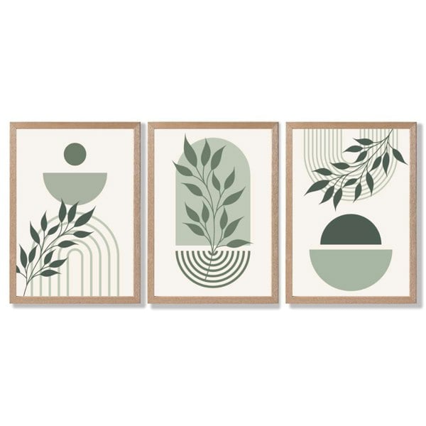 Set of 3 Boho Green and Beige Floral Framed Art Prints with Light Oak Frames