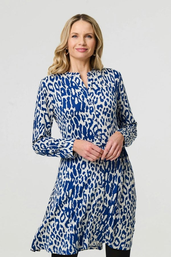 Blue | Animal Print Long Sleeve Short Shirt Dress

