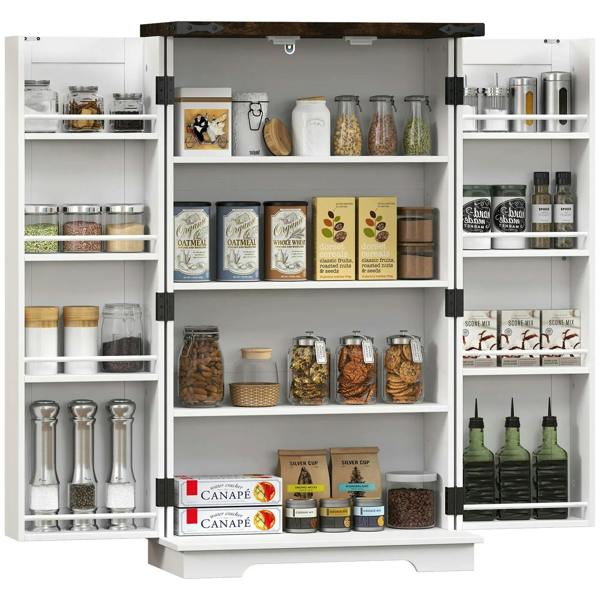 White farmhouse cabinet with open doors and multiple adjustable shelves