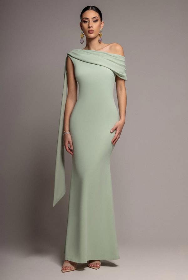 Sash One Shoulder Bardot Maxi Dress - Sage Green DR4830