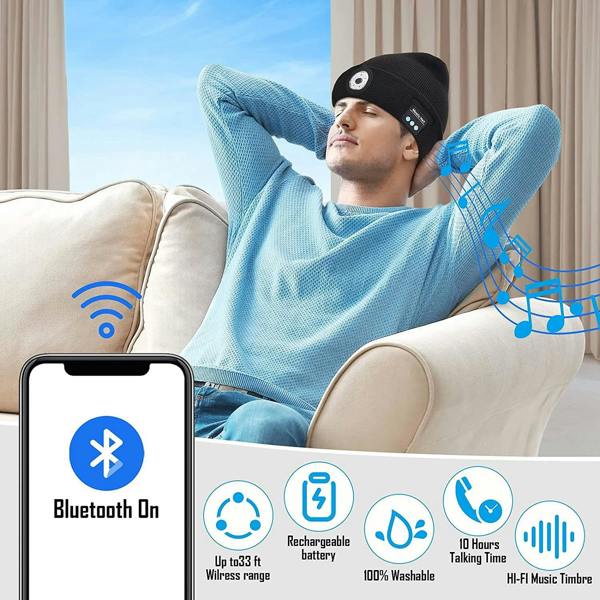 Dyzi Rechargeable Wireless Beanie with Built-in Torch 3 in 1 Headphones and Headlamp
