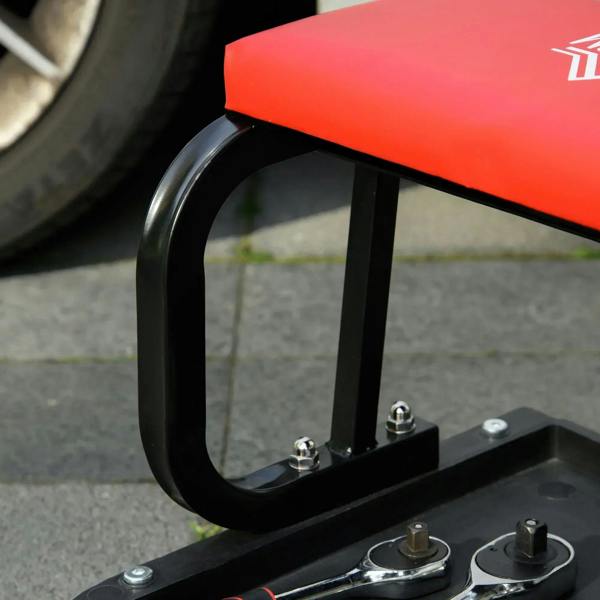 Black swivel support frame with bolts and red padded seat above tool tray