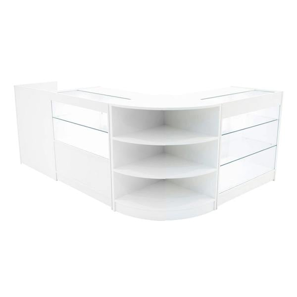 Curved white LED shop counter set featuring glass display shelves, sleek design, and modern finish, ideal for retail spaces