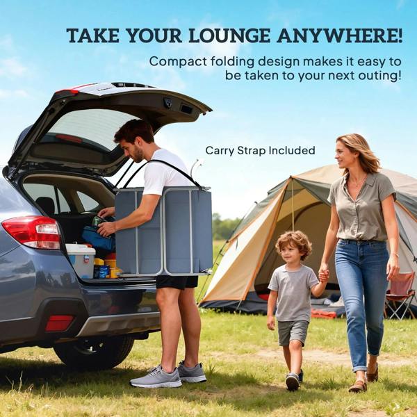 Folded grey sun lounger with carry strap, compact design for outdoor trips.