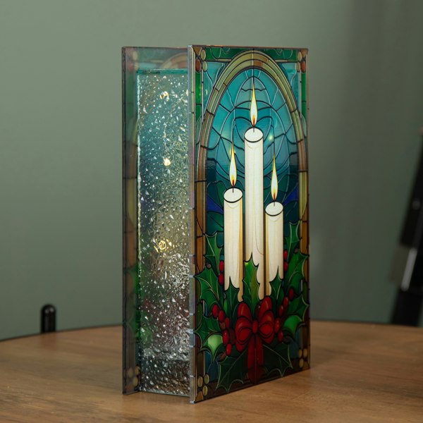 Samuel Alexander 21cm Battery Operated Light up Stained Glass Christmas Decoration with Candles & Holly with Warm White LEDs