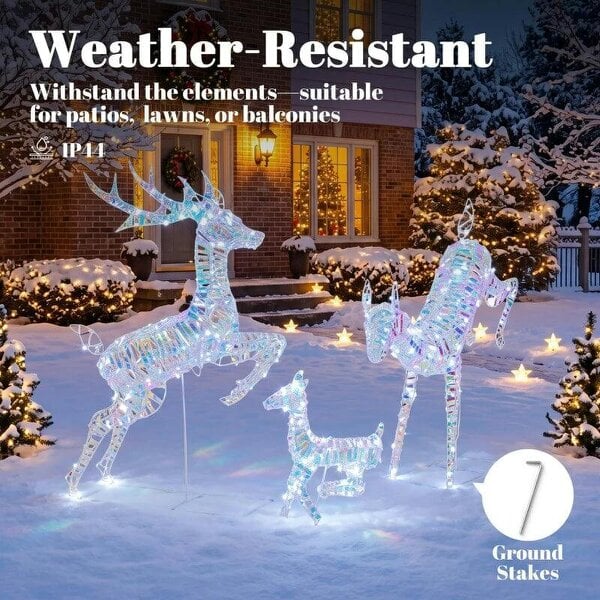 Bobobiy 3-Piece Lighted Reindeer Family Set, Iridescent Outdoor Christmas Decoration, Deer Family with 8 Modes, Daily Timer