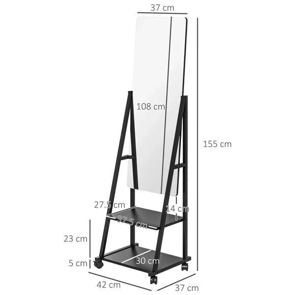 Black adjustable-angle dressing mirror with rolling base, shown with size measurements