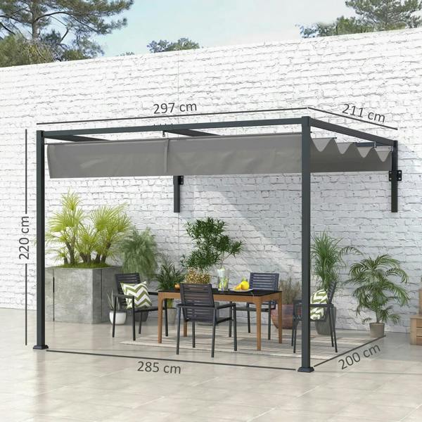 Dark grey steel pergola with retractable canopy and open sides for patio