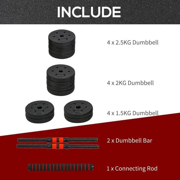 Adjustable weight set components: black plate stacks, dumbbell bars, and connecting rod
